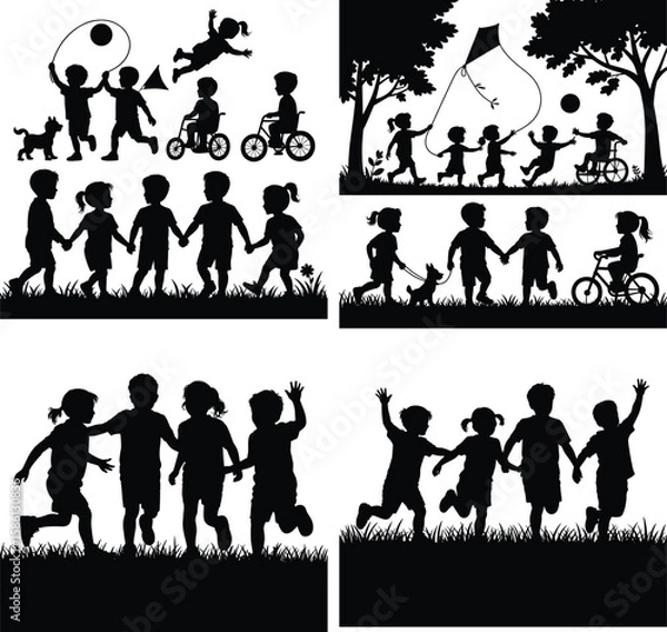 Obraz kids silhouette, children playing silhouette, child silhouette clipart, boy and girl silhouette, toddler silhouette vector, running kids silhouette, jumping child silhouette, happy kids shadow art