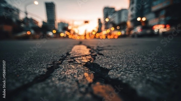 Fototapeta Wide-angle photo of urban city street with cracks at dusk with blurred buildings and lights.