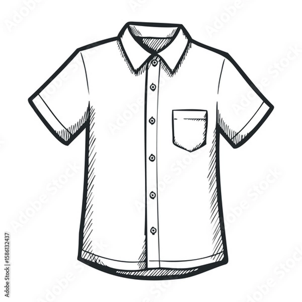 Fototapeta Classic short-sleeve button-up shirt outline with pocket and collar. Hand drawn vector illustration