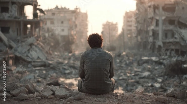 Fototapeta Man Sitting Alone Amidst Ruined Buildings and Debris in a Post-Apocalyptic Scene.