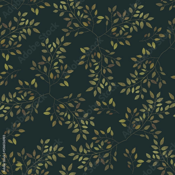 Fototapeta Branches with leaves, green tones colorful silhouette pattern. Endless print on dark blue background. 