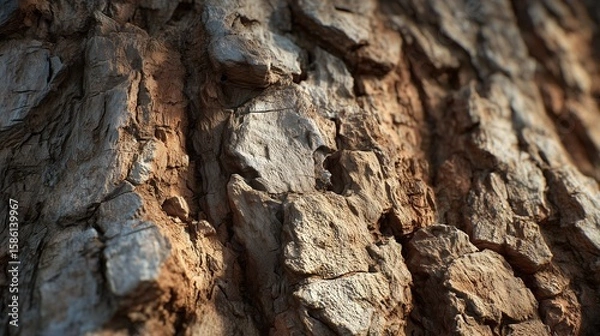 Fototapeta Detailed texture displays rough tree bark with natural light. 3D render shows volumetric lighting. AI generated.