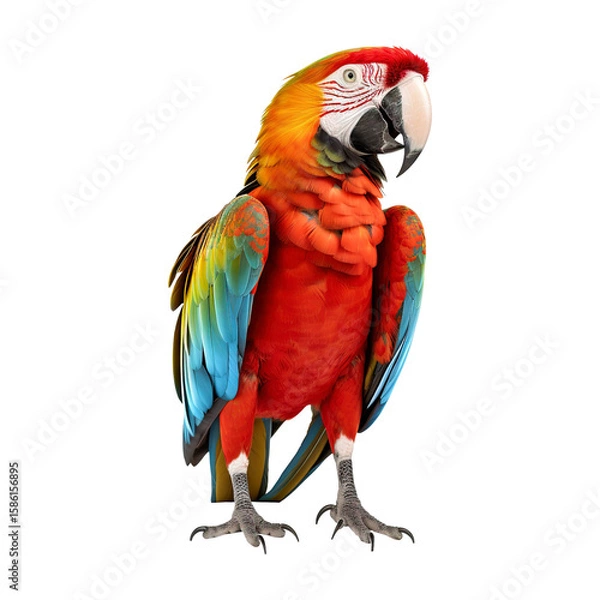 Fototapeta Colorful scarlet macaw parrot in full stance isolated on transparent white background png, clipping path