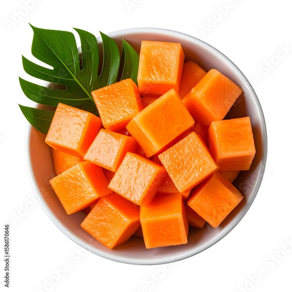 Fototapeta  Papaya Cubes in Bowl with Leaf Accent, Stylized Overhead View, Transparent PNG