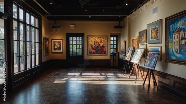 Fototapeta Art gallery interior with paintings displayed on easels.