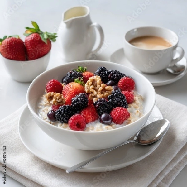 Fototapeta Bowl of oatmeal with mixed berries and walnuts next to coffee