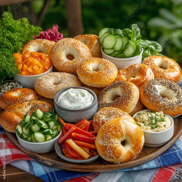Fototapeta Fresh bagels with assorted vegetables and dips
