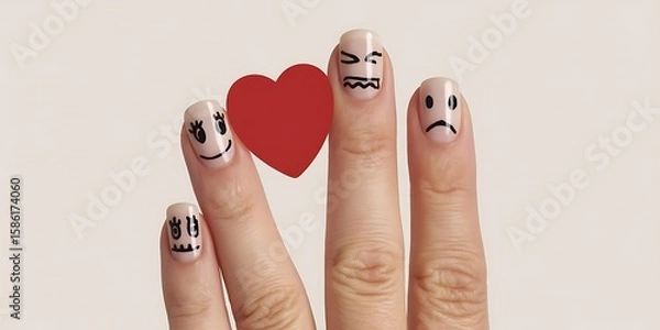 Fototapeta Funny nail art design with emotions and red heart for valentine's day idea