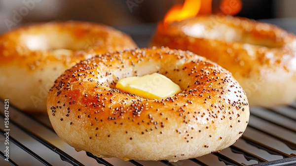 Fototapeta Freshly baked bagels with butter melting on top