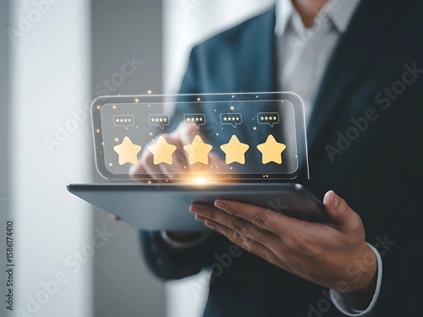 Fototapeta Customer feedback and reviews online concept rating stars on digital tablet