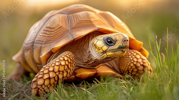 Fototapeta Close up of tortoise grassy field, showcasing its unique shell