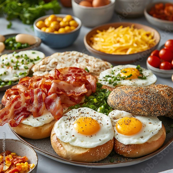 Fototapeta Delicious breakfast spread with eggs, bacon, and toppings