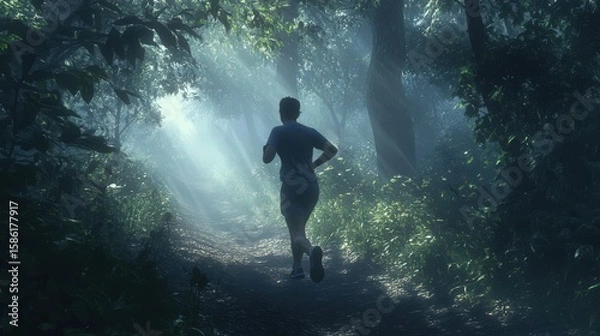 Fototapeta Person jogging through a misty forest path.
