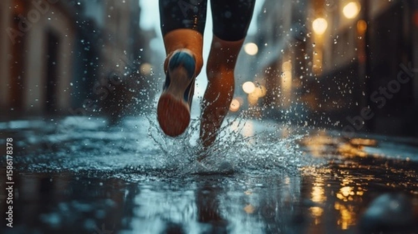 Fototapeta Person running through puddles in the rain.