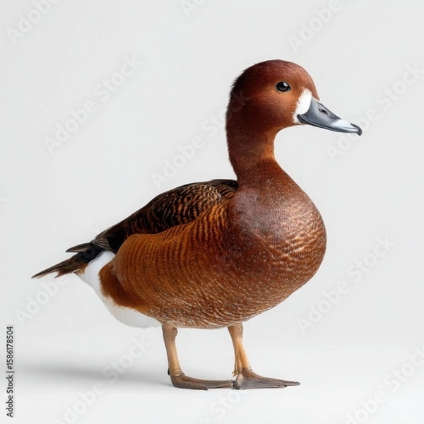Fototapeta Brown duck with white patch on face stands on white background