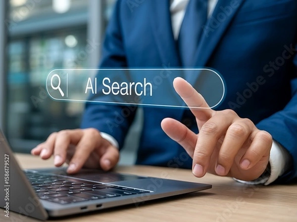 Fototapeta Ai search concept using laptop for data analysis and machine learning query