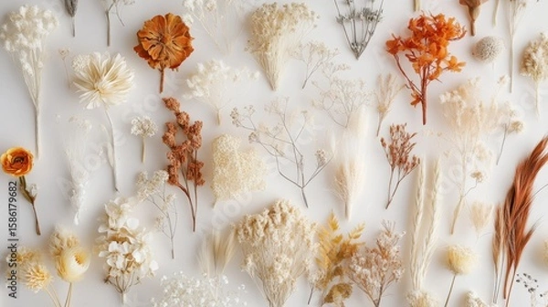 Fototapeta Assorted dried flowers and plants arranged on a white surface.