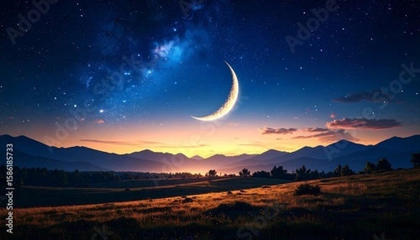 Fototapeta Crescent moon hangs over a mountain range at twilight, bathed in a vibrant starry sky