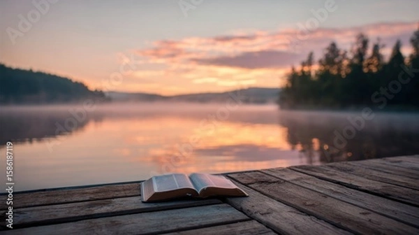 Fototapeta Serene sunrise over calm lake with misty forest scenery reflected on water.