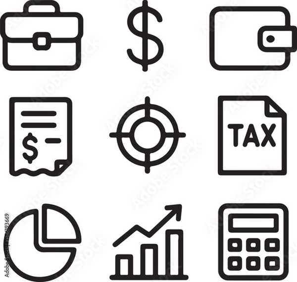 Fototapeta Business finance icons briefcase dollar sign wallet tax document pie chart growth graph calculator vector