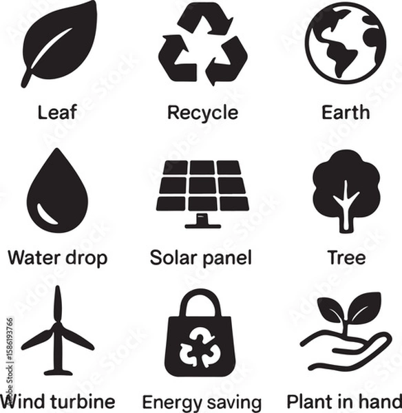 Fototapeta Leaf recycle earth water drop solar panel tree wind turbine plant vector