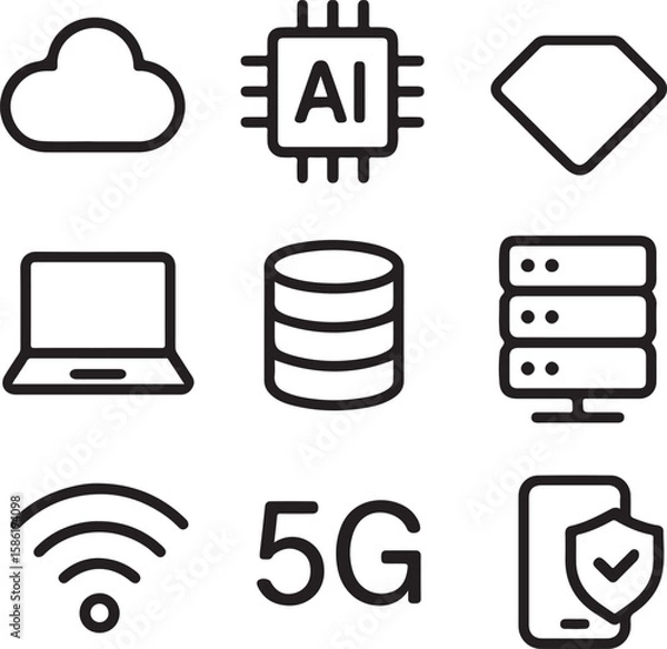 Fototapeta Technology icons cloud chip laptop database server wifi 5g phone shield digital artificial intelligence