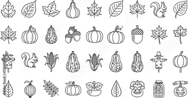 Fototapeta Vector art of a delightful collection of autumn icons showcases the essence of the fall season with pumpkins, leaves, and acorns, isolated on white background