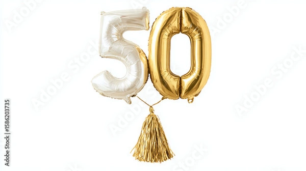Fototapeta Floating gold foil "50" balloon with tassel tail, sophisticated party number, transparent background