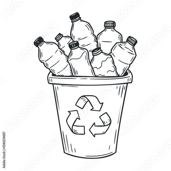 Fototapeta Recycling bin filled with plastic bottles and recycle symbol line drawing. Hand drawn vector illustration