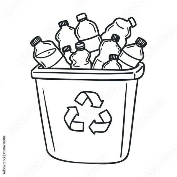 Fototapeta Recycling bin filled with plastic bottles and recycle symbol for environmental awareness. Hand drawn vector illustration
