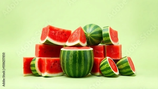 Fototapeta Abundance of Watermelon: Fresh Whole and Sliced Portions Piled on a Green Background
