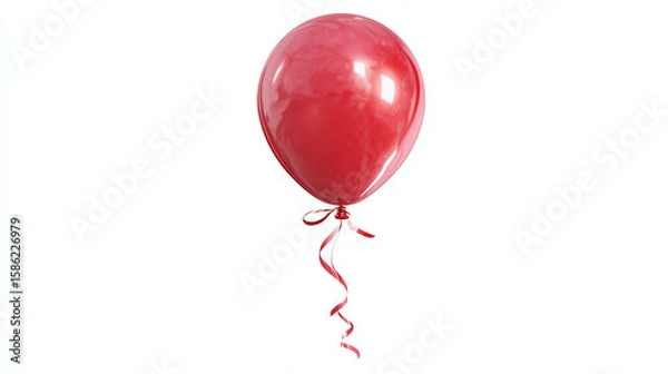 Fototapeta Glossy red birthday balloon with reflective highlights, floating and tied with a curled ribbon, transparent background