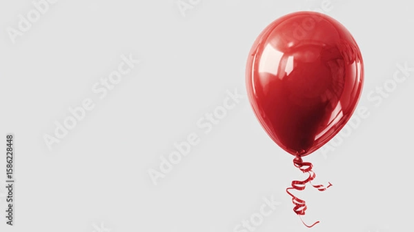Fototapeta Glossy red birthday balloon with reflective highlights, floating and tied with a curled ribbon, transparent background
