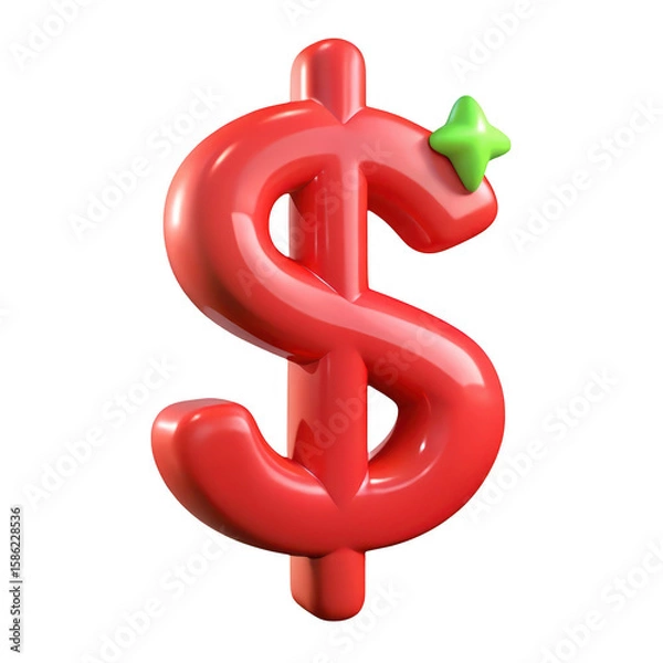 Fototapeta Shiny red dollar symbol with a green sparkle accent isolated on transparent background