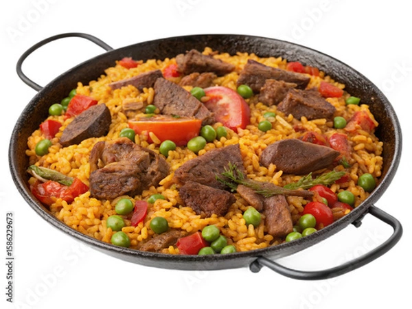Fototapeta Beef Paella isolated on transparent png background. Generative ai