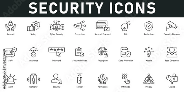 Fototapeta Security Icons vector illustration with thin line editable stroke containing safety, encryption, secured payments, risk, protection, camera, insurance, policies, password, fingerprint, data protection