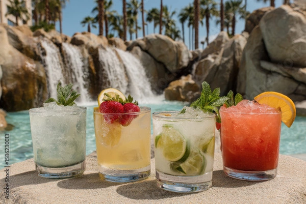 Fototapeta vibrant and colorful collection of top  famous cocktails displayed elegantly by poolside or ocean backdrop