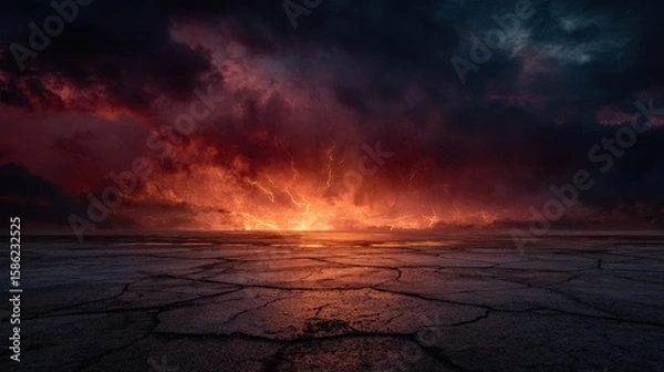 Obraz A dramatic cracked desert landscape under a stormy sky with bright lightning illuminating the horizon at sunset.