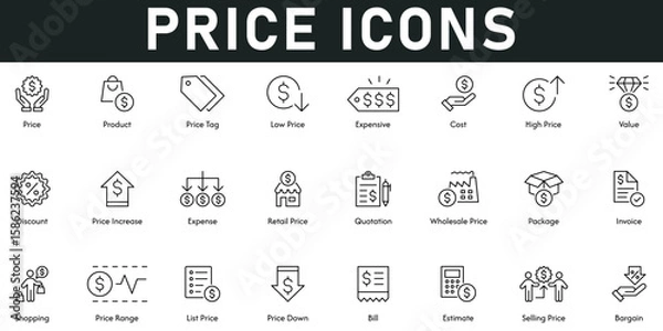 Fototapeta Price Icons vector illustration with thin line editable stroke containing product, low price, expense, value, discount, retail price, wholesale price, invoice, shopping, price range, bill, estimate