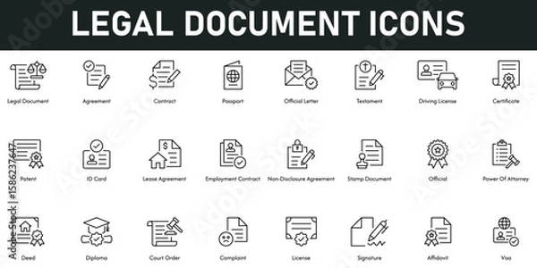 Fototapeta legal Document Icons vector illustration with thin line editable stroke containing agreement, contract, passport, driving license, certificate, patent, ID card, official, diploma, court order, visa