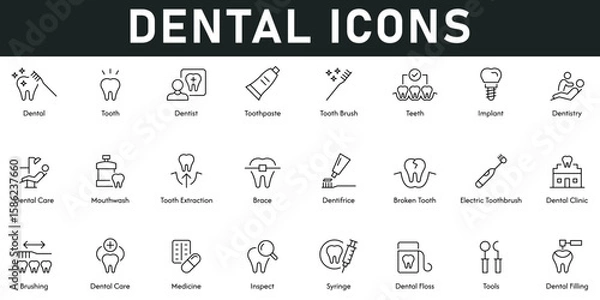 Fototapeta Dental Icons vector illustration with thin line editable stroke contains tooth, dentist, toothpaste, toothbrush, teeth, implant, dental chair, mouthwash, brace, broken tooth, inspect, filling, tools