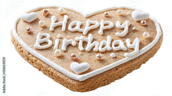 Fototapeta Heart-shaped cookie with "Happy B-Day" icing and sugar pearls, transparent background