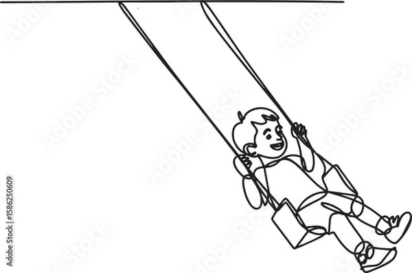 Fototapeta Continuous line art drawing of happy child playing on swing in park, minimalist outdoor fun vector illustration

