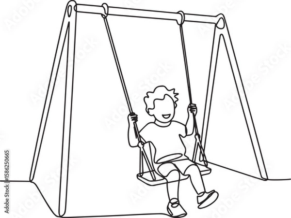 Fototapeta Continuous line art drawing of happy child playing on swing in park, minimalist outdoor fun vector illustration

