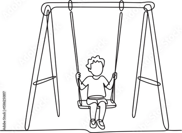 Fototapeta Continuous line art drawing of happy child playing on swing in park, minimalist outdoor fun vector illustration

