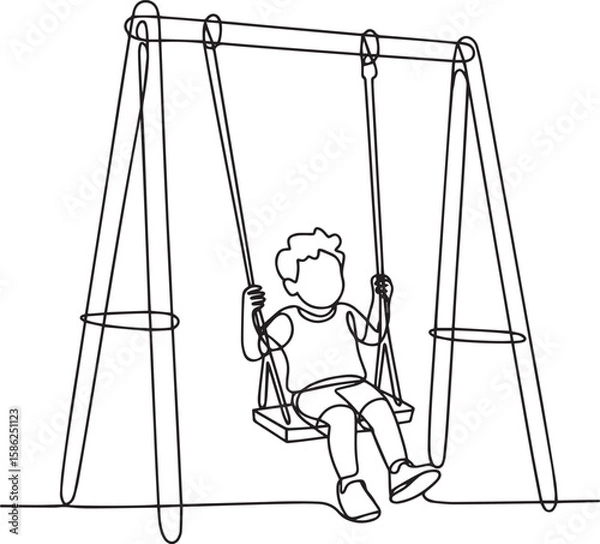 Fototapeta Continuous line art drawing of happy child playing on swing in park, minimalist outdoor fun vector illustration

