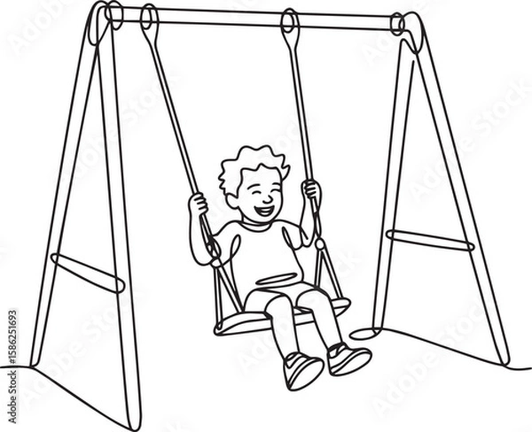 Fototapeta Continuous line art drawing of happy child playing on swing in park, minimalist outdoor fun vector illustration

