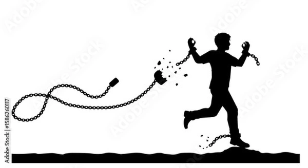 Fototapeta Vector art of man breaks free from chains, running towards liberation isolated on transparent background