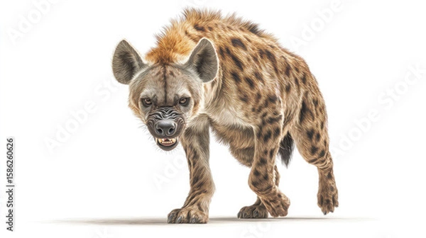 Fototapeta Spotted hyena with bared teeth and a threatening expression isolated on a white background looking at the viewer