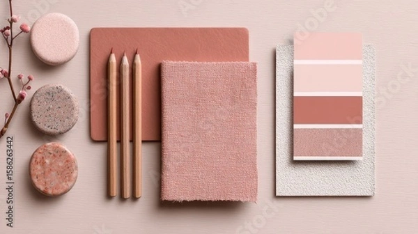 Fototapeta Designer mood board with materials and color swatches in pastel peach fuzz pink color